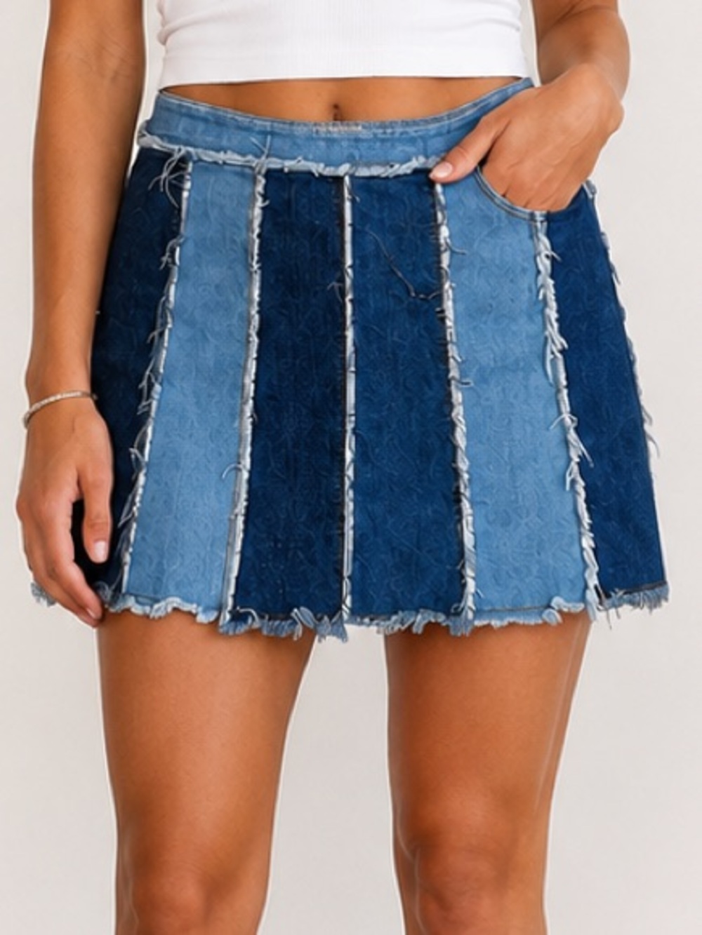 LABIJOU Patchwork Denim Mini Skirt Raw Hem Frayed Stretch Blue Size L NWOT
